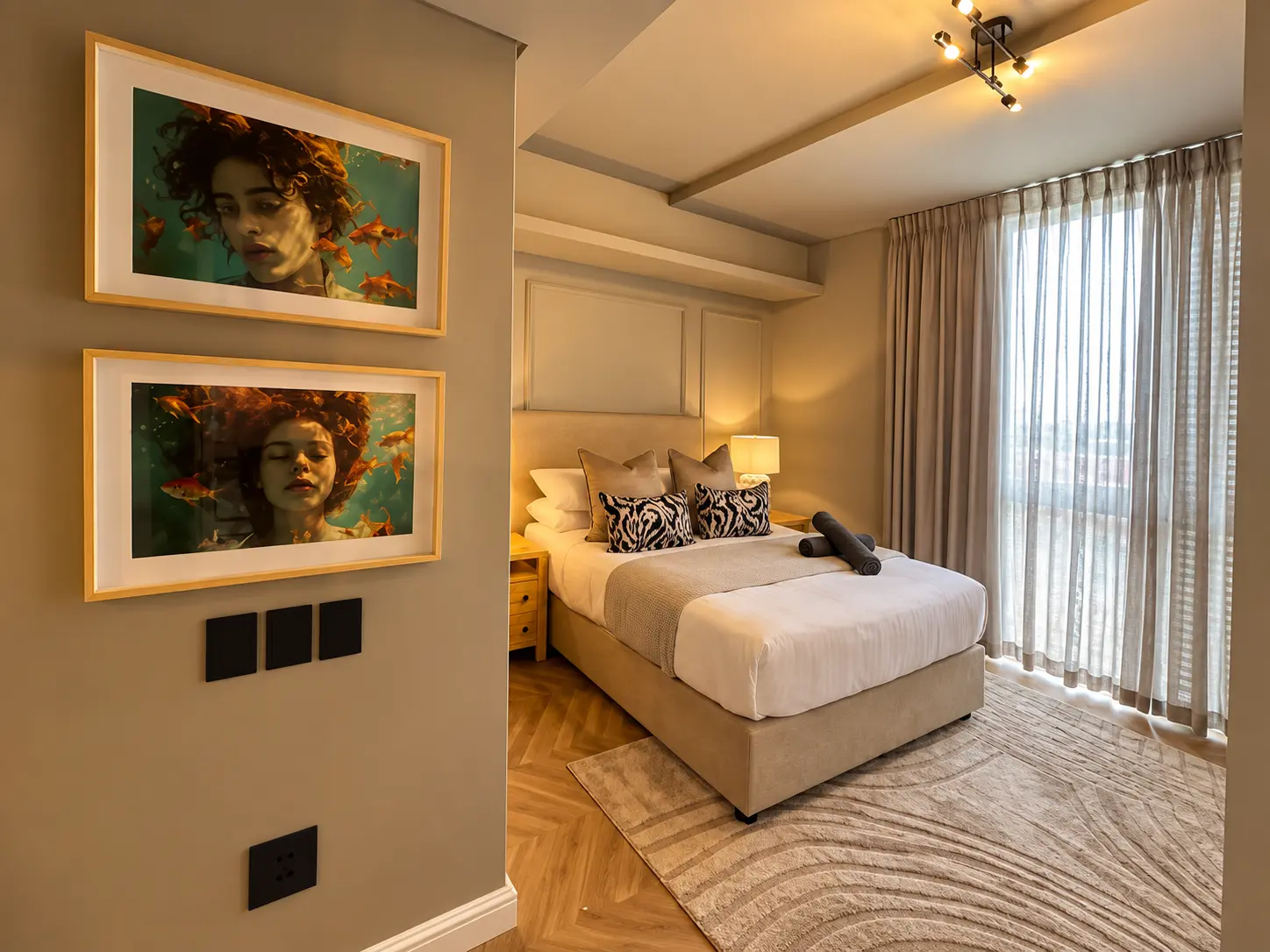 King bedroom with framed artwork and city-facing windows