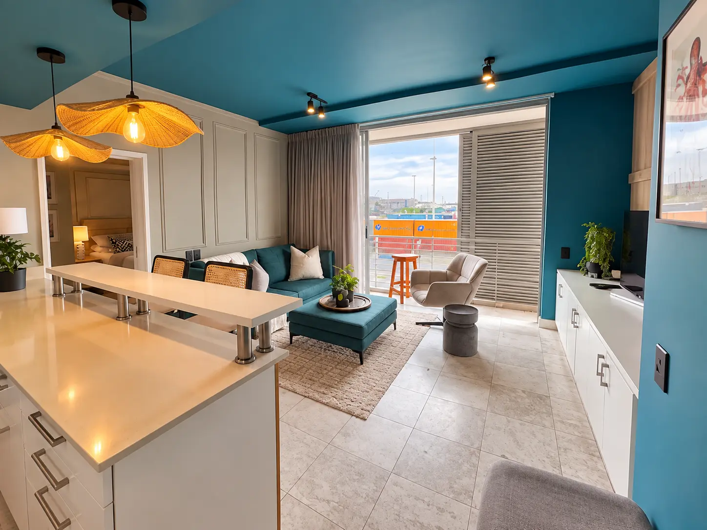 Open kitchen and lounge leading onto the balcony